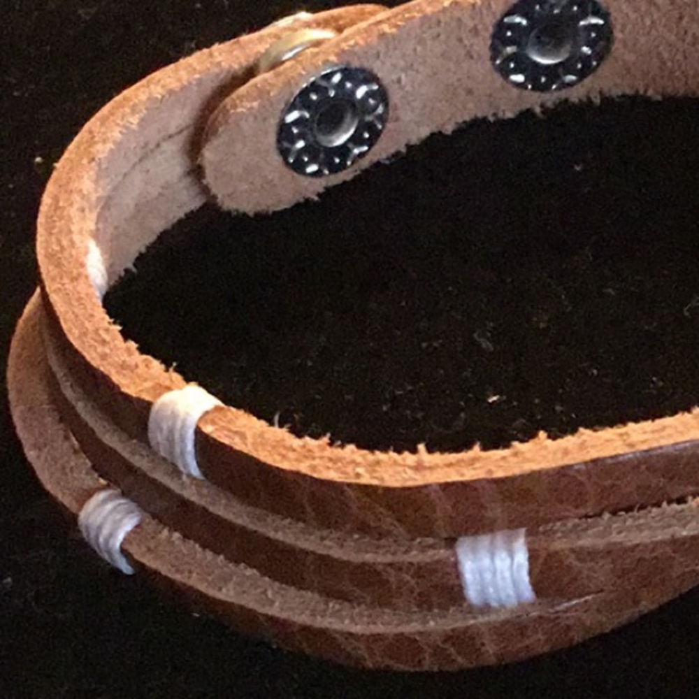 AGED BROWN LEATHER BRACELET W/ WHITE WRAP STRINGS - Picture 2 of 5